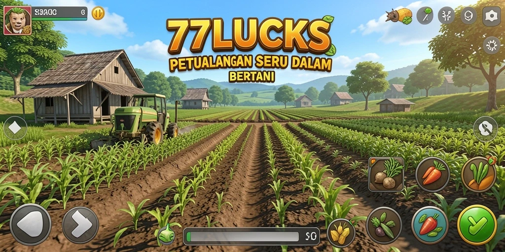 Screenshot gameplay 77LUCKS yang menampilkan ladang subur dan hewan ternak.