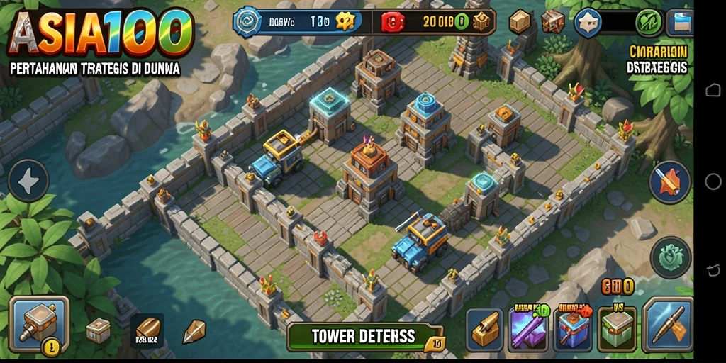 Tangkapan layar utama ASIA100 menampilkan aksi pertahanan yang intens di permainan Tower Defense.