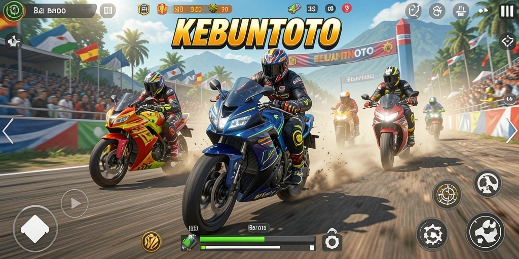 Tangkapan layar gameplay KEBUNTOTO menampilkan balapan motor yang mendebarkan.