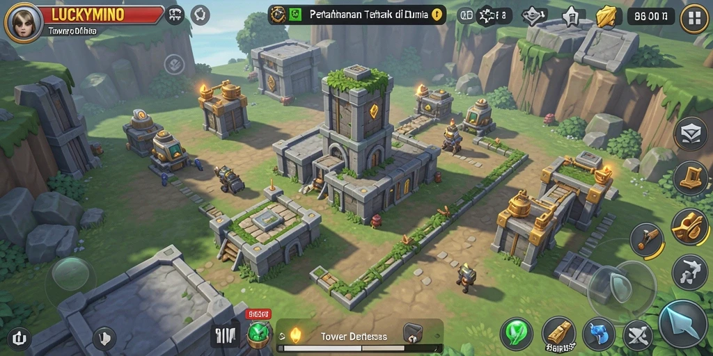 Screenshot gameplay menampilkan pertempuran strategis dalam LUCKYMINO.