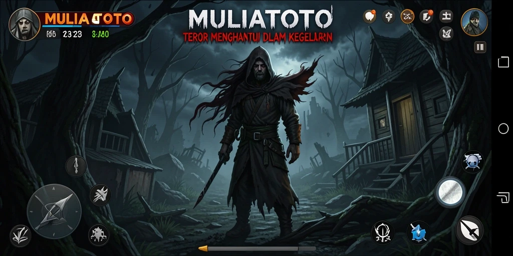 Tampilan gameplay menegangkan dalam MULIATOTO saat menjelajahi kegelapan.