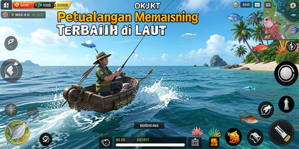 Tampilan gameplay OKJKT yang seru saat memancing di laut.