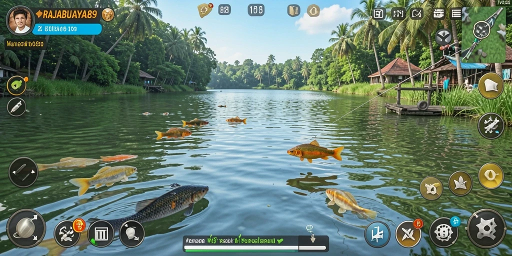 Tampilan gameplay RAJABUAYA89 dengan pemandangan memancing yang indah.