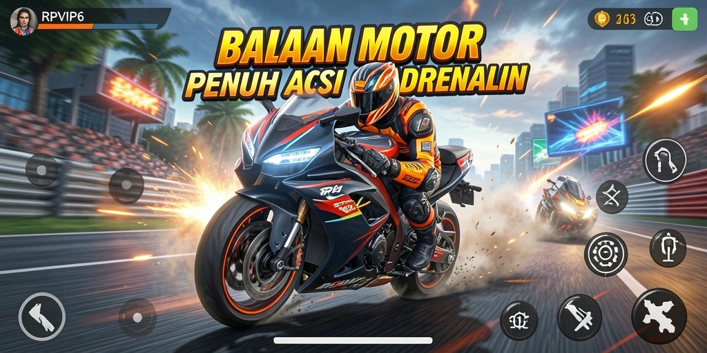 Screenshot gameplay RPVIP6 yang menunjukkan aksi balapan motor yang seru.